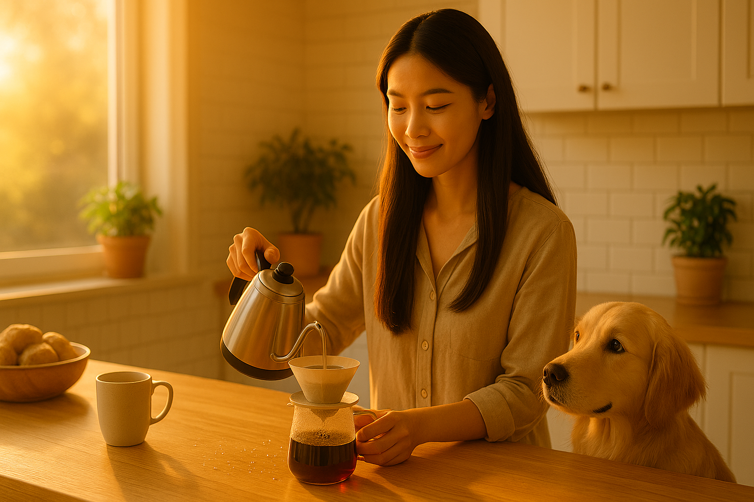 朝日を浴びながら、キッチンでゆっくりとコーヒーを淹れている様子