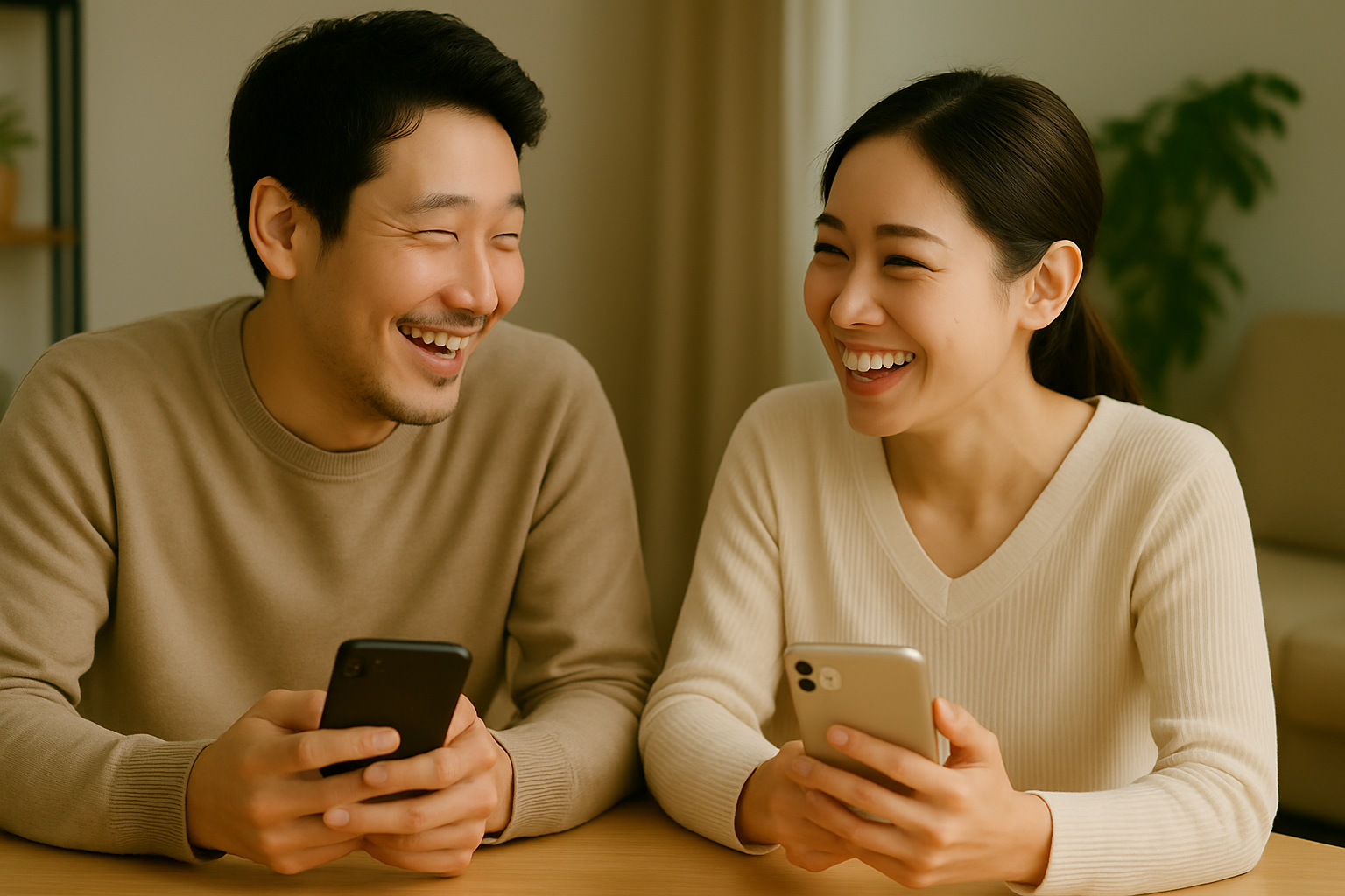 家づくりのイメージ画像を見ながら笑顔で話し合う夫婦