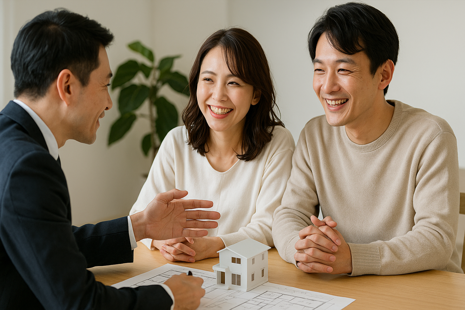 設計士と夫婦が住宅模型と図面を囲みながら談笑している